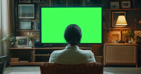Person with tied-back dark hair sitting in a wicker chair facing a large television screen with a green screen in a cozy living room with warm lighting and wooden shelves