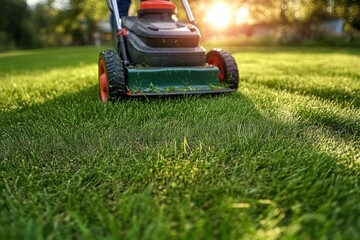 Close-up of a lawn mower cutting fresh green grass in a sunlit garden during late afternoon