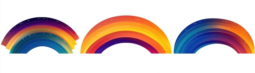 Fototapeta premium Three semi-circular abstract rainbows with layered colorful stripes on a white background representing vibrant gradient arches