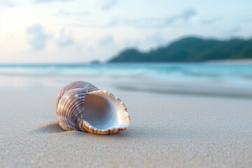 Close-up of a spiral seashell resting on smooth sandy beach with calm sea waves and distant green hills under a soft cloudy sky