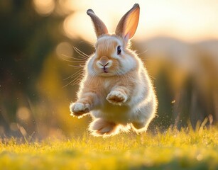 Cute light brown rabbit captured mid-air while jumping over grass in warm golden sunlight with soft blurred natural background