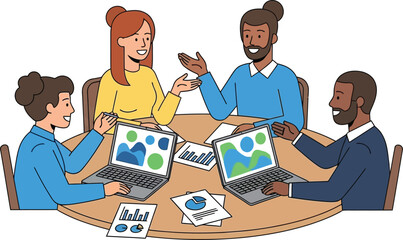 Diverse business team collaborates around a round table with laptops and charts in a bright and positive meeting setting. isolated on white background