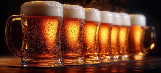 Seven frosty mugs of amber beer with thick white foam lined up on a wooden surface with condensation and glowing warm lighting