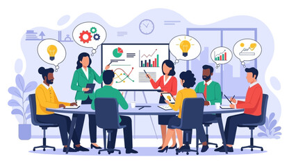 Collaborative team meeting around a conference table with charts and laptops.