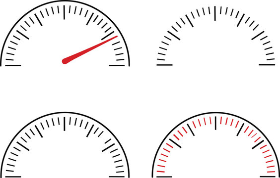 Set of blank speedometer speed meter icon mph indicator gauges with red needle and half circle marks vector image