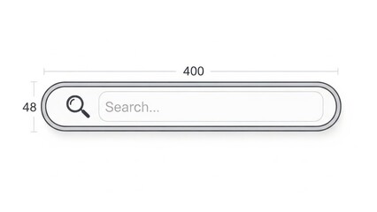 Outlined search bar wireframe with precise width and height measurements, rounded rectangle, magnifying glass icon and placeholder text, clean specification sketch for UI design systems

