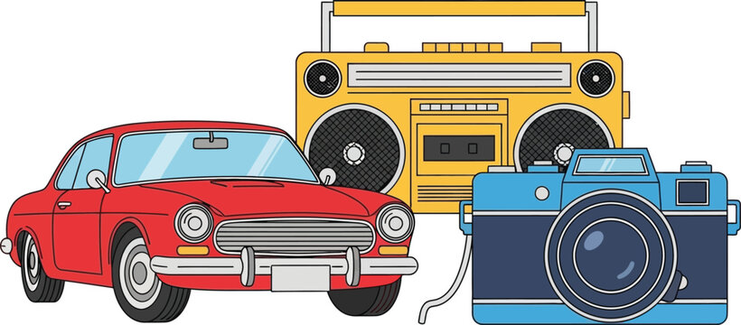 Retro pop culture icons a vintage red car a classic boombox and a cool film camera representing nostalgia and fun times isolated on white background