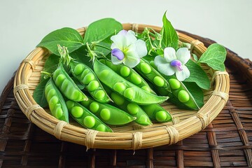 Fresh green pea pods with peas, leaves, and white-purple flowers arranged in a round woven basket on a wicker surface
