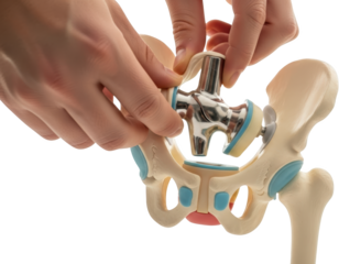 Close up of hands assembling a hip replacement implant within a human pelvis model Hip implant hip joint transparent background