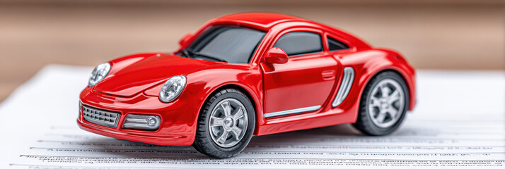 Shiny red toy car, miniature automobile, sits on document. great concept for vehicle insurance, loan, or finance for new car purchase, symbol of dream