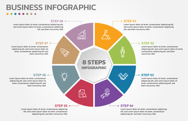 Visual data presentation. Cycle diagram with 8 options. Pie Chart Circle infographic template with 8 steps, options, parts, segments. Business concept. Marketing infographic vector illustration.