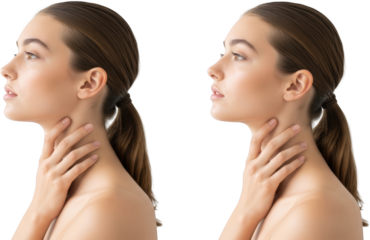 Profile view of a young woman's face and neck with her hand gently touching her throat isolate gentle