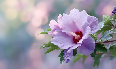 A stunning close-up of Mugunghwa (Hibiscus syriacus) in full bloom, with delicate pink and lavender petals and a vibrant red center