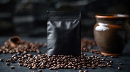 black resealable bag standing upright surrounded by roasted coffee beans with a ceramic brown cup in the background on dark surface
