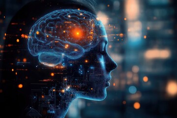 digital visualization of a human head profile with glowing neural connections and circuitry representing brain activity and artificial intelligence