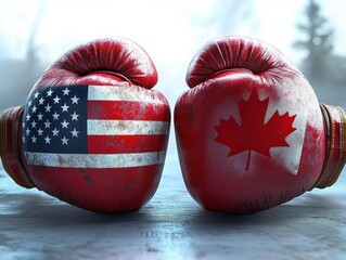 Two worn red boxing gloves facing each other on a floor, one with the United States flag and the other with the Canadian maple leaf, symbolizing competition or rivalry