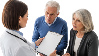 Doctor discusses medical results with an older couple holding a clipboard isolate consultation elderly