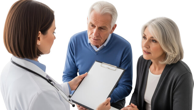 Doctor discusses medical results with an older couple holding a clipboard isolate consultation elderly - Powered by Adobe