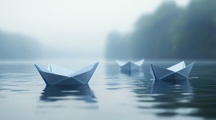 Three white paper boats floating on calm water with a misty background and blurred greenery creating a peaceful and serene atmosphere
