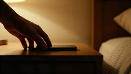 Sleep Hygiene - A hand gently places a smartphone face-down on a bedside table, showcasing a moment of everyday life and technology interaction in a cozy setting.