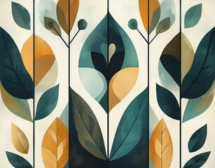 Abstract modern illustration of stylized overlapping leaves and branches in earthy green, yellow, and teal tones with soft shading on a light background