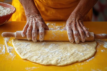 Close-up of elderly hands rolling out dough with a wooden rolling pin on a floured yellow surface, showing texture and effort in traditional baking