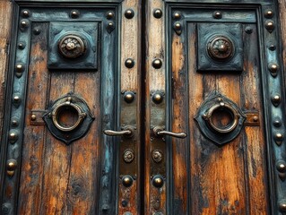 Fototapeta premium Close-up of a pair of weathered wooden doors with dark metal studs, decorative rings, and handles showing rustic and aged textures