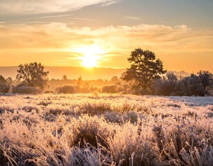 Frost covers a grassy field during a warm sunrise, silhouetting distant trees