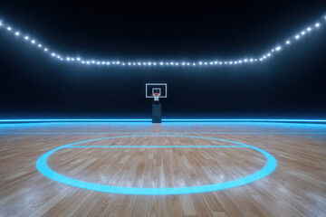 Dramatic empty basketball court inside dark arena with glowing blue light. professional stadium lights shine on wooden floor and hoop, creating an expectant mood