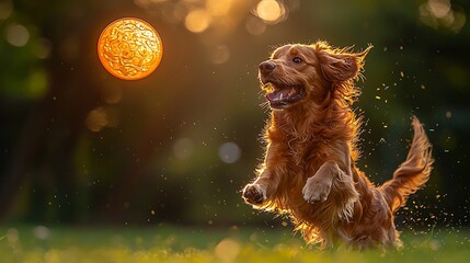Energetic Golden Retriever dog leaping to catch a glowing frisbee in warm golden sunlight