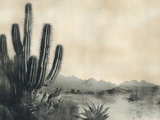 Desert landscape with tall spiky cacti and dry shrubs under a hazy beige sky with distant rugged mountains