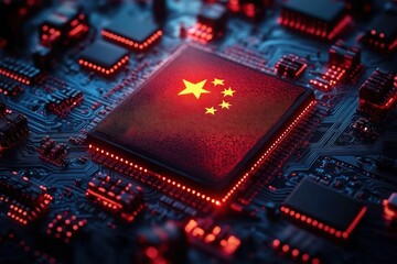 Close-up of a computer microchip glowing with red lights and displaying a flag design with one large star and four smaller stars on a dark blue circuit board background
