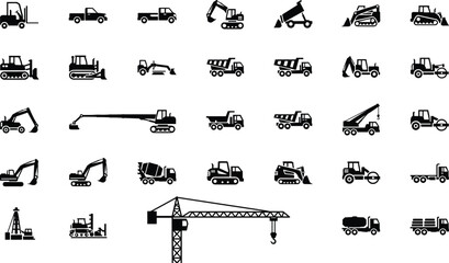 Construction machinery icons set heavy equipment vehicles silhouettes excavator bulldozer crane dump truck industrial illustration collection vector flat design isolated © Shoriful