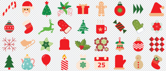 Festive vector flat illustration showcasing various Christmas themed icons and symbols.Modern christmas symbol collection