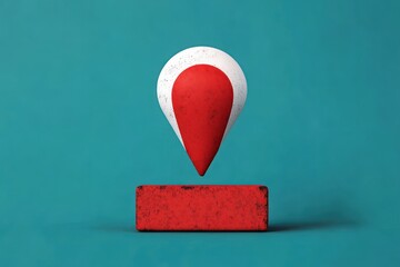 red and white location pin hovering above a red rectangular block on a teal background with a minimalist aesthetic