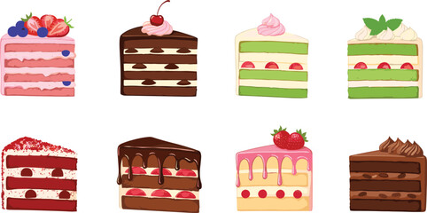 Assorted cake slice vector set featuring chocolate, berry, strawberry, cream desserts and colorful bakery illustration elements for food designs