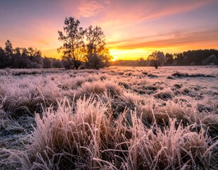 Frost-covered field at sunrise, with trees silhouetted against the bright horizon glow