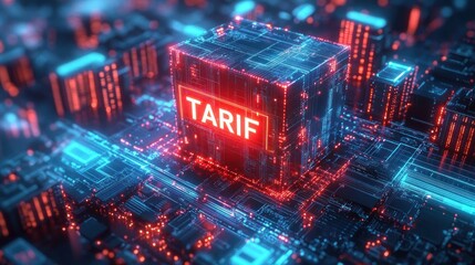 Glowing futuristic digital cube with the word tariff surrounded by circuit board like structures emitting blue and red neon lights indicating technology and data concept