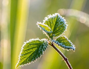 Frost-covered green plant with serrated leaves against a soft, sunlit, blurred background