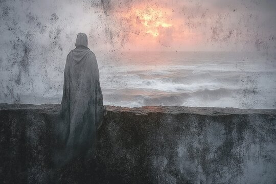 silhouetted figure in a cloak standing alone on a rough stone wall overlooking a stormy ocean at sunset with crashing waves and dark atmospheric textures - Powered by Adobe