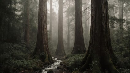 Fototapeta premium A misty forest scene with giant trees and a small stream, evoking tranquility