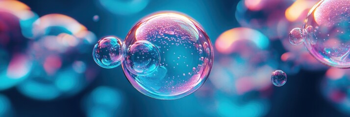 Close-up view of multiple translucent bubbles floating in an iridescent blue and pink glowing background, creating a dreamy and ethereal atmosphere