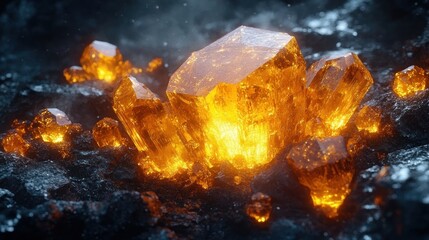 Bright glowing orange crystals embedded in dark rocky surface emitting warm light in a mysterious atmosphere