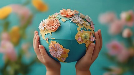 Child's hands gently holding a small globe decorated with colorful paper flowers representing continents, symbolizing care and love for the earth
