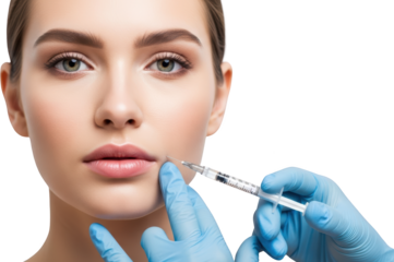 A close up facial view of a young woman receiving a lip injection procedure with a medical syringe cosmetic transparent background