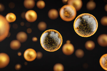 Luxurious gold bubble and oil sphere floating on dark background. This abstract cosmetic liquid particle and serum represents beauty, creating mesmerizing and elegant feel