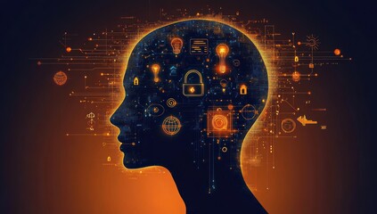 Silhouette of human head filled with glowing digital icons including light bulbs, padlocks, globe, and charts symbolizing technology, security, and ideas
