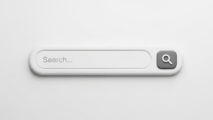 Minimal white pill‑shaped search bar with subtle border and prominent right aligned dark grey button holding a magnifying glass icon, ideal for clean light themed websites, apps and modern product int