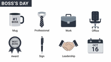 Graphic icons related to Bosss Day displayed in two rows with labels