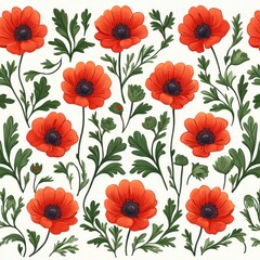 Fototapeta premium Seamless pattern of vibrant red poppy flowers with green leaves arranged evenly on a white background